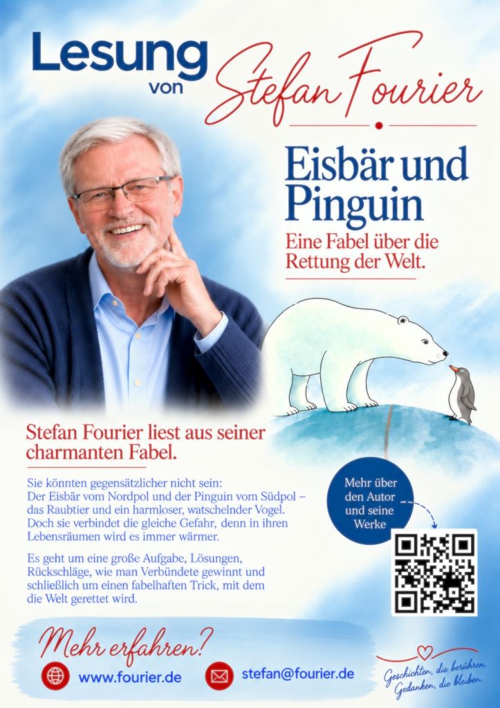 Flyer zur Lesung „Eisbär und Pinguin“ von Stefan Fourier