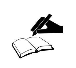 Symbol einer Schreibwerkstatt mit Hand, Stift und offenem Buch